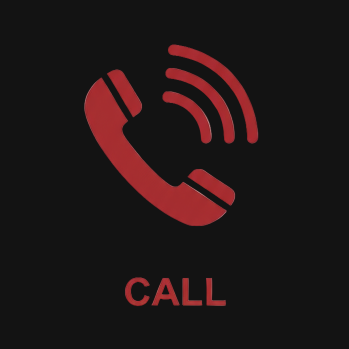 Red phone icon with call signal on a black background.