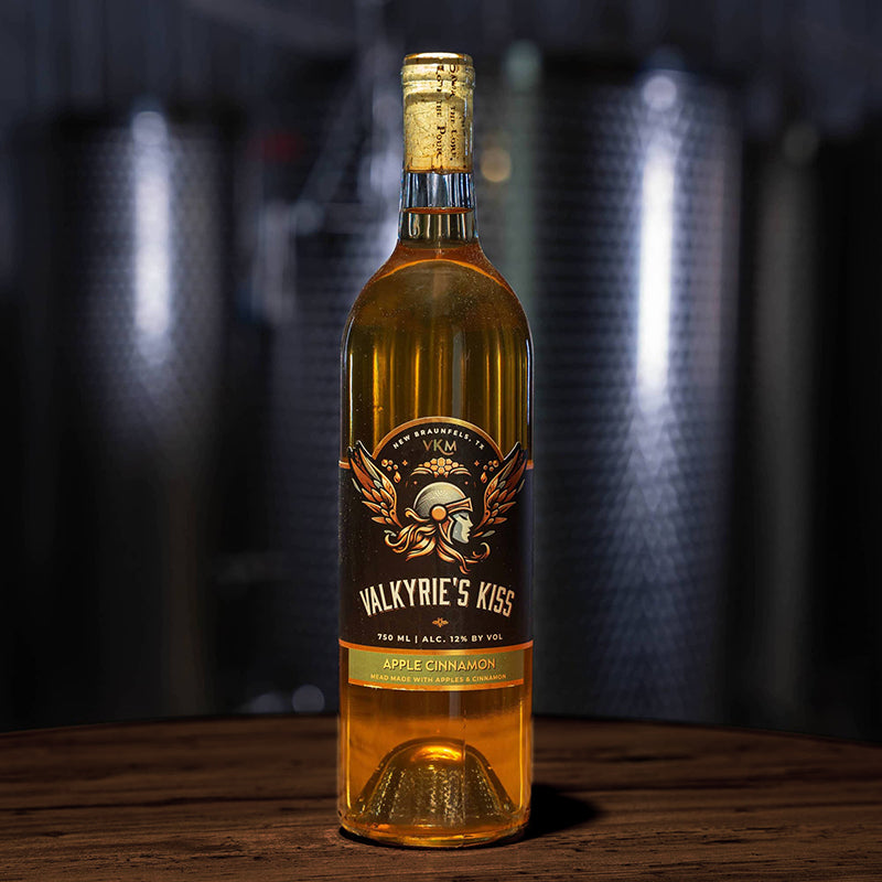 A bottle of Apple Cinnamon mead from Valkyrie's Kiss.