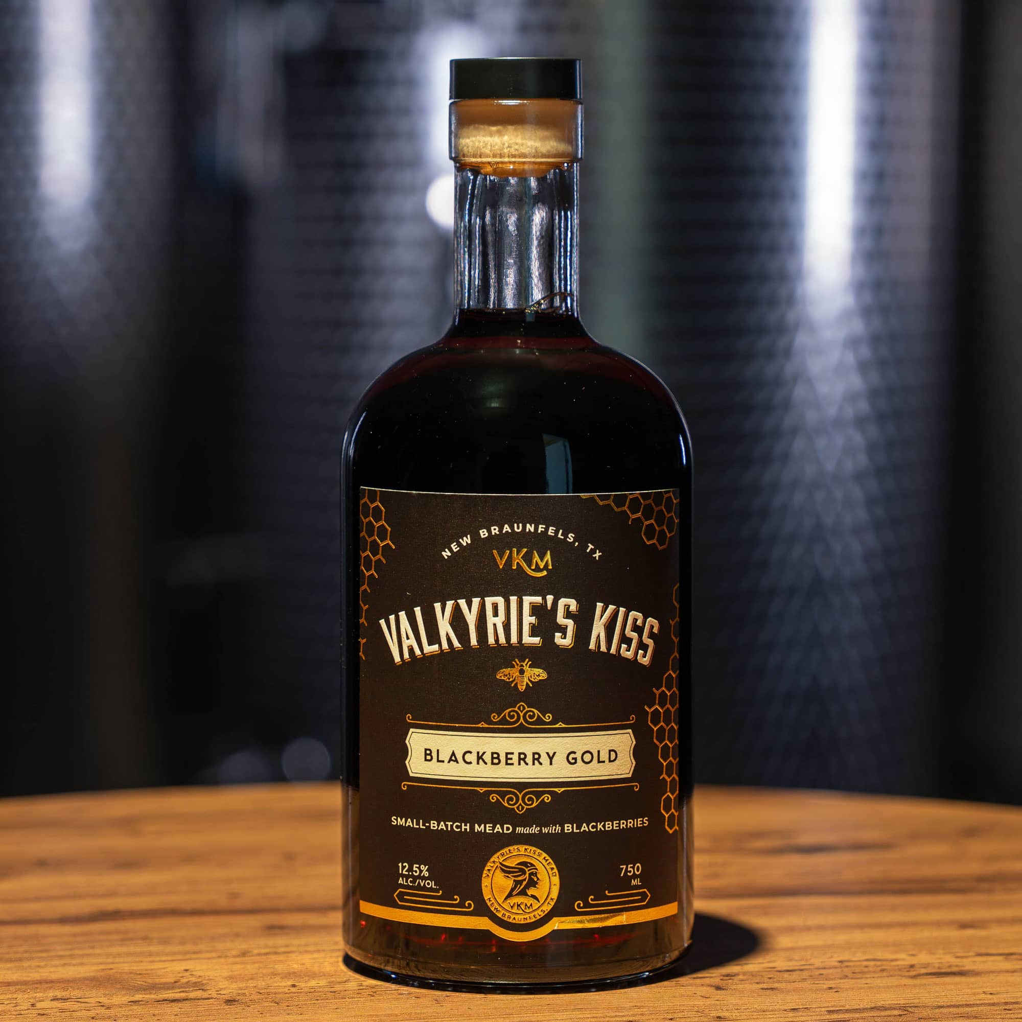 A bottle of Blackberry Gold mead from Valkyrie's Kiss Meadery.
