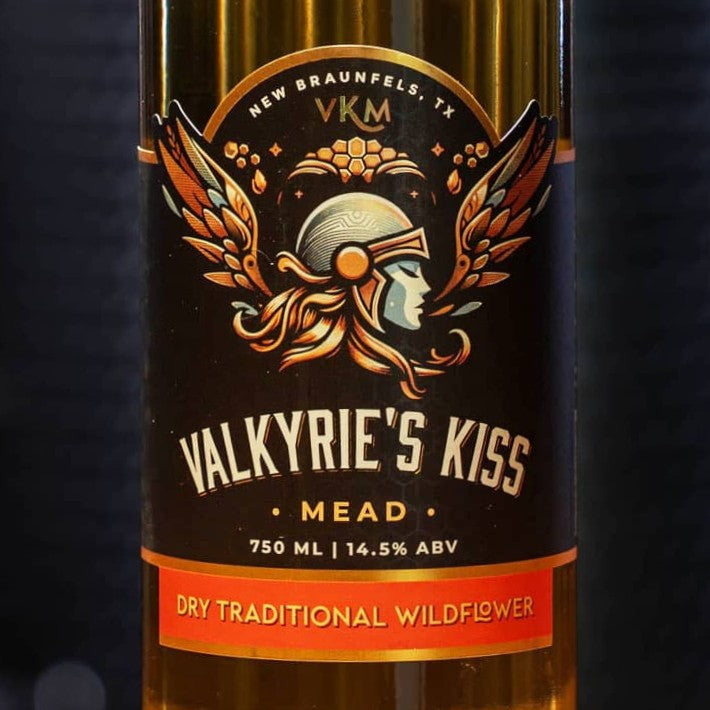A bottle of Dry Traditional Wildflower Mead from Valkyrie's Kiss Meadery.
